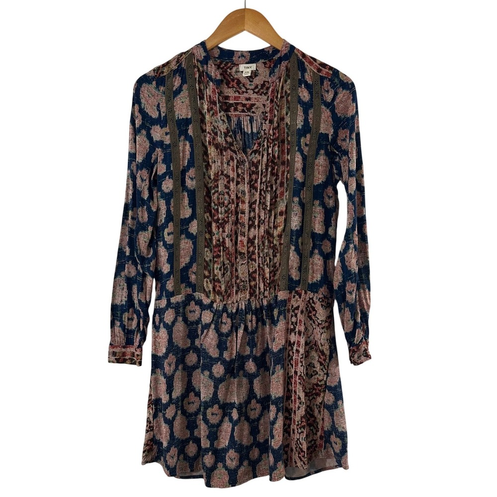 TINY Anthropologie Mixed Print Pockets Boho Lace‎ Inset Drop Waist Mini Dress XS